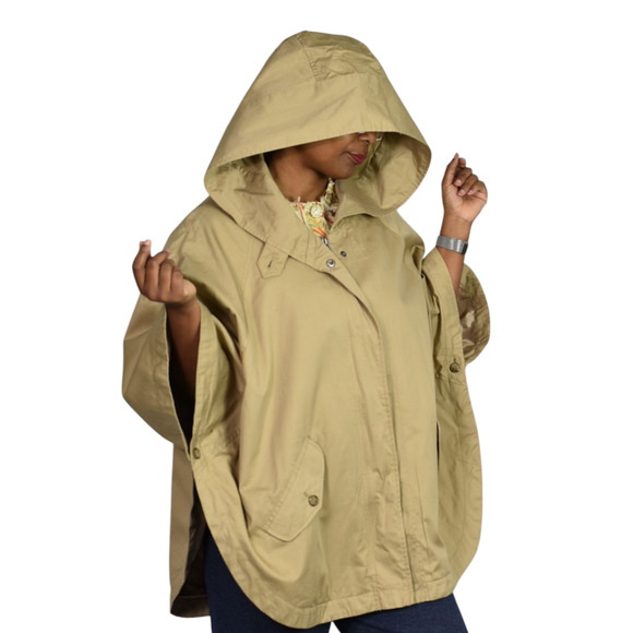 Garnet Hill Trench Cape Khaki Tan Poncho Hood Zipper Jacket Utility Cotton Large - Picture 1 of 13